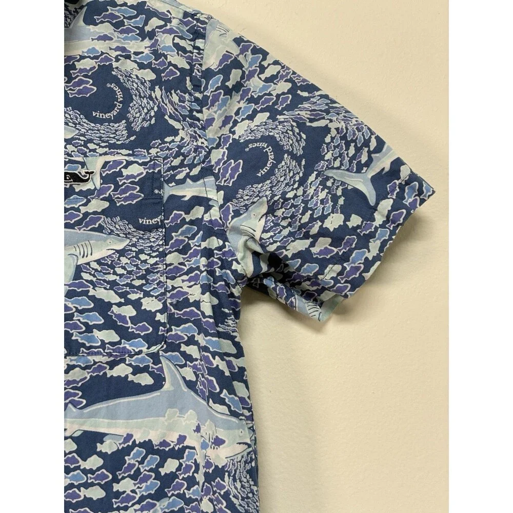 Vineyard Vines Boys Sz Medium 8/10 Collard Button Up With Sharks & Fish